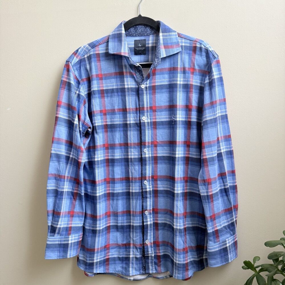 Tailorbyrd Collection Blue Plaid Button Front Long Sleeve Shirt Cotton Size S